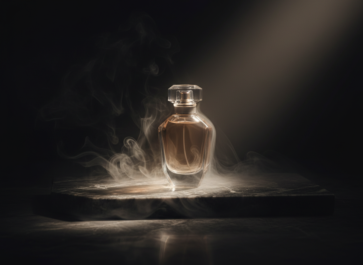 Extremely sophisticated luxury perfume editorial photograph. A single minimalist glass perfume bottle on a dark marble surface, surrounded by soft wisps of smoke or mist. Deep shadows, dramatic chiaroscuro lighting with a single warm beam. Muted tones — ivory, charcoal, warm beige and deep black. Cinematic, high-end fashion photography aesthetic inspired by Chanel, Jo Malone and Diptyque campaigns. No text, no people, ultra clean composition.